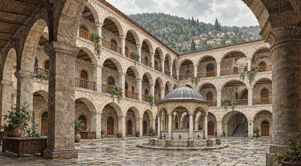 Üç katlı taş hanın revaklı avlusu ve ortadaki şadırvan