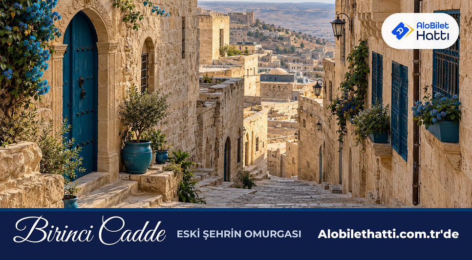 Mardin eski şehrinde kesme taş binalarla çevrili dar ve eğimli sokak