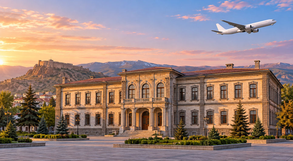 Meydana bakan simetrik cepheli iki katlı Cumhuriyet dönemi binası