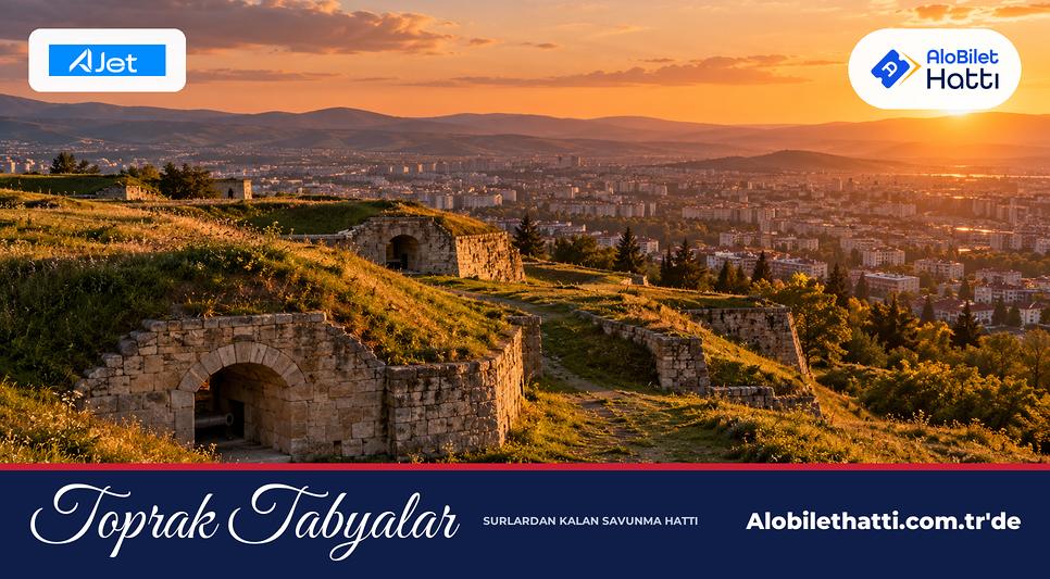 Tepedeki çimenli toprak tabya setleri ve taş mazgallar