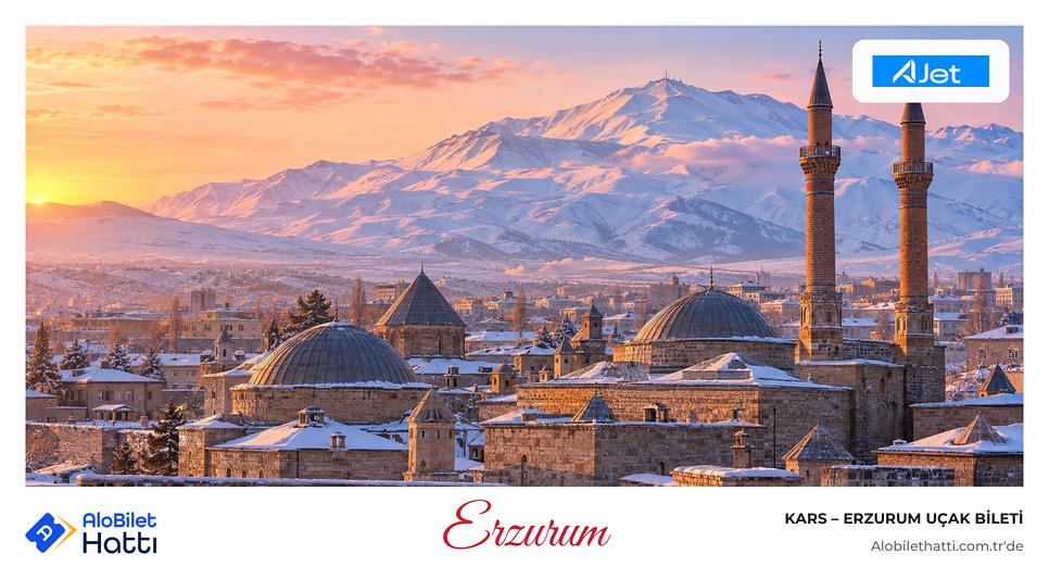 Karlı dağların eteğinde taş kubbeler ve tuğla minareli eski Erzurum