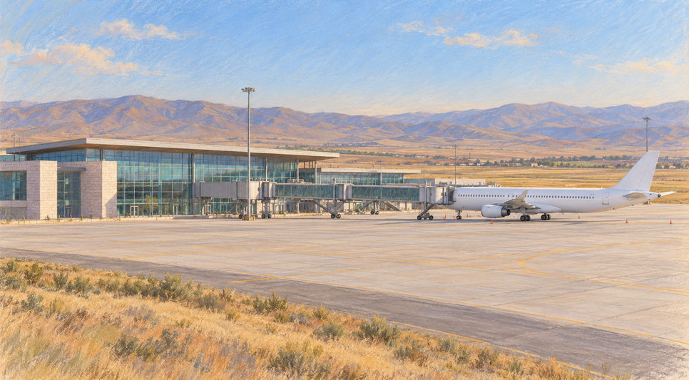 Düz bir arazide modern ve alçak bir havalimanı terminali ile önündeki apron