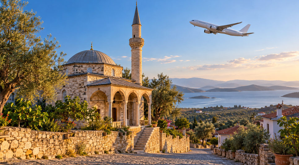 Eğimli arazideki kubbeli taş köy camisi ve sütunlu son cemaat yeri