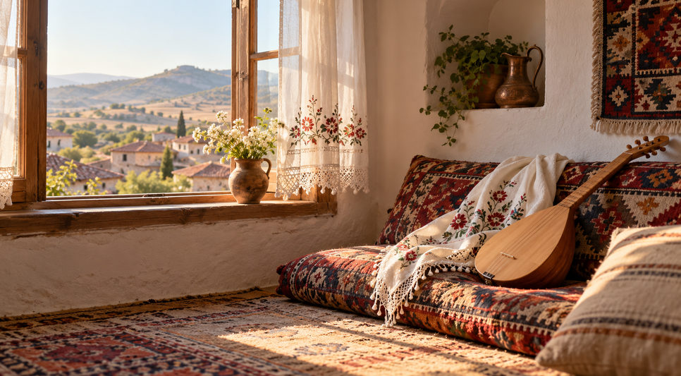 Eski bir köy odasında işlemeli yazma ve bağlama