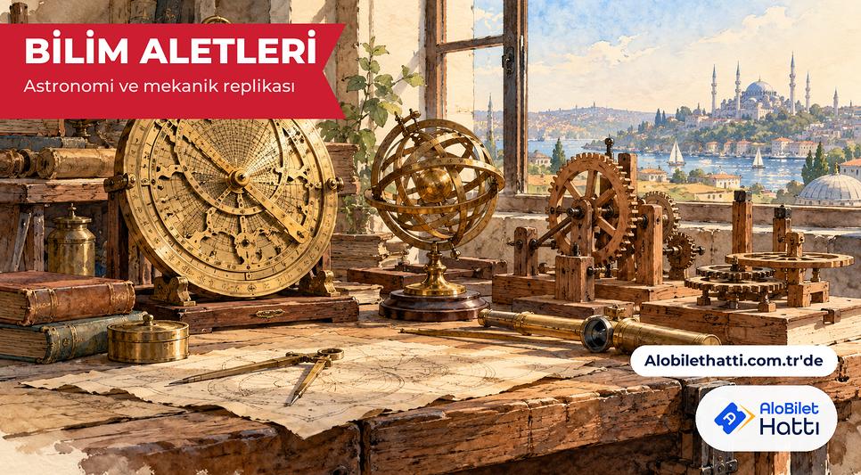 Ahşap tezgâh üzerinde pirinç bir usturlap ve eski mekanik aletler
