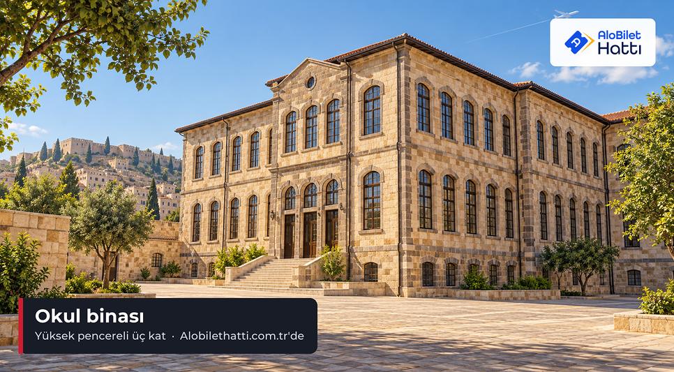 Çok sayıda yüksek penceresi olan üç katlı eski bir taş okul binası