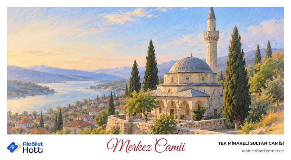 Ortada kubbe ve tek çokgen minaresiyle eski bir taş cami