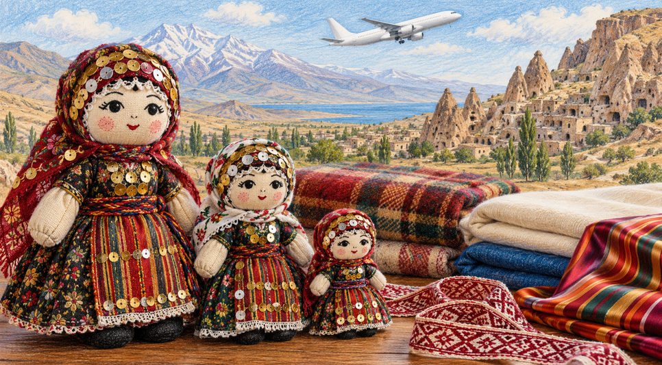 Farklı boylarda üç bez bebek ve yanında katlanmış kumaş parçaları