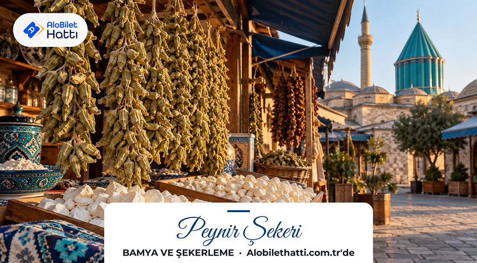 Çarşı tezgâhında kuru bamya dizileri ve beyaz peynir şekerleri