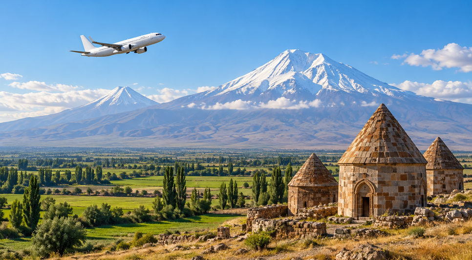 Iğdır ovasında tarlalar ve arkada yükselen karlı Ağrı Dağı