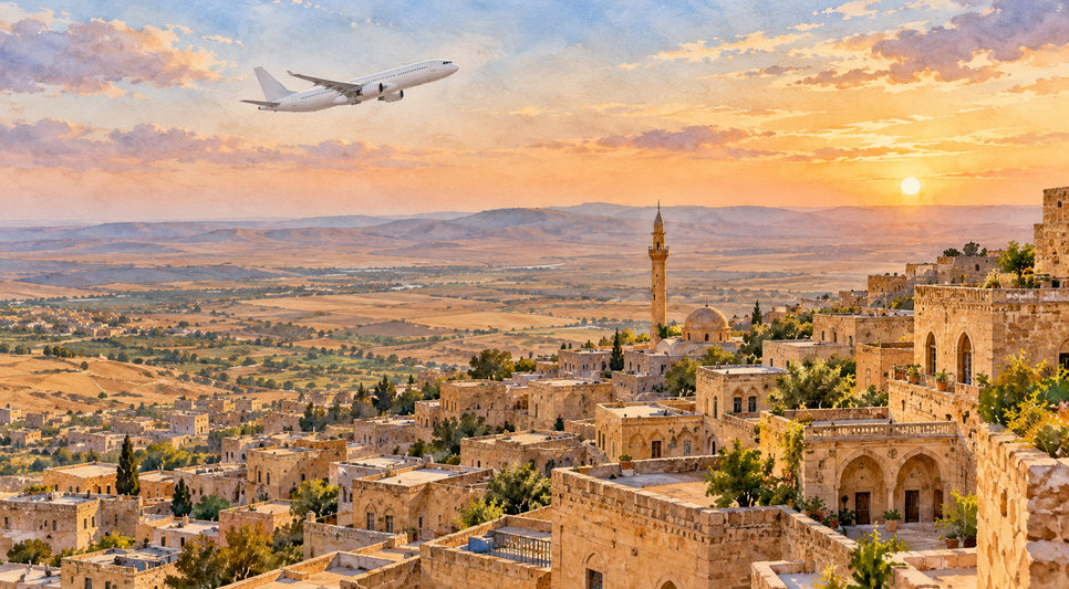 Mardin'in taş evleri ve aşağıda uzanan geniş Mezopotamya ovası