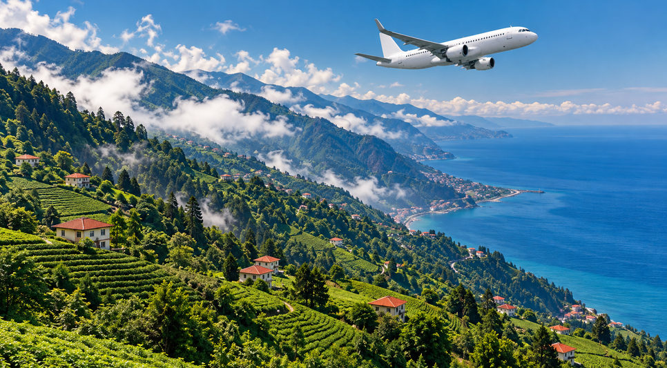 Bulutların altında Karadeniz'e bakan dik ve ormanlık Trabzon yamaçları