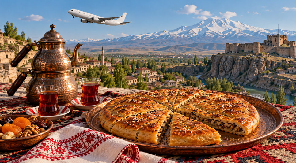Bakır sini üzerinde dilimlenmiş yuvarlak kömbe ve bir demlik çay