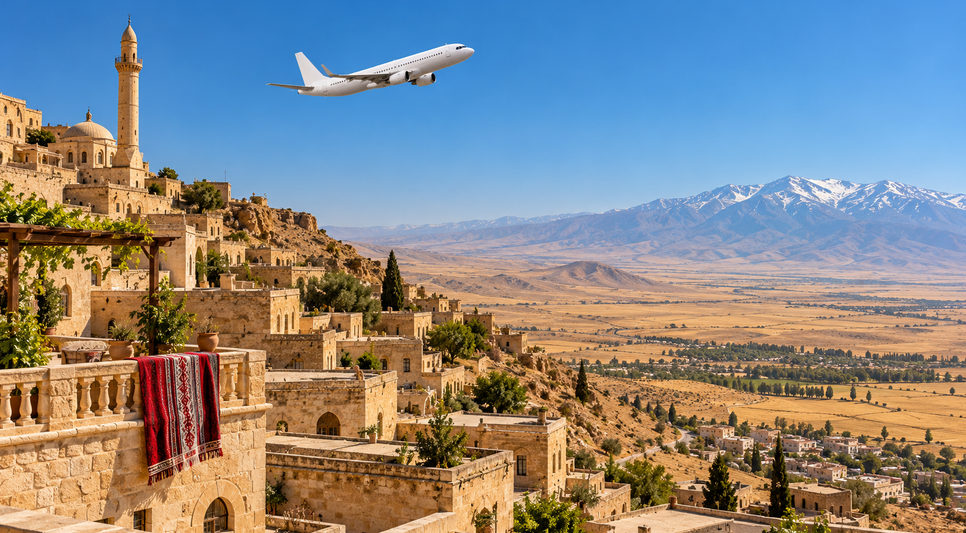 Kurumuş yaz tarlaları üzerinde Mardin'in taş evleri ve açık gökyüzü