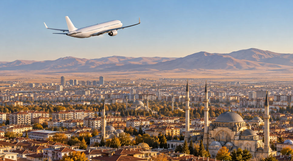 Konya ovasının ortasında uzanan kent ve arkasındaki çıplak dağlar