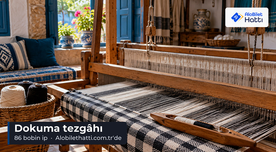 Ahşap el tezgâhında gerili siyah ve beyaz pamuk iplikler ve mekik