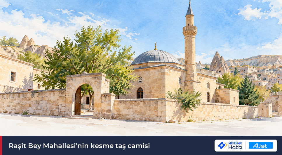 Kesme taştan küçük kubbeli cami ve önündeki taş döşeli avlu