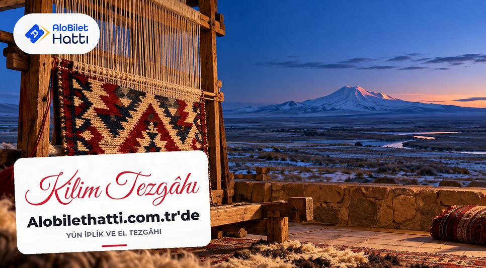 Ahşap tezgâhta dokunmakta olan geometrik desenli yün kilim