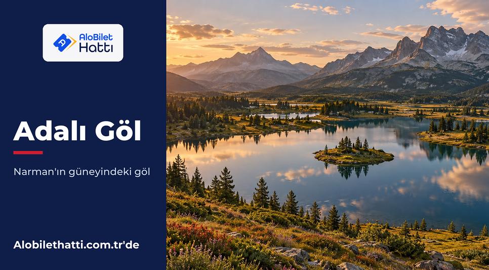 Çam ormanıyla çevrili gölde yüzen küçük çimenli ada