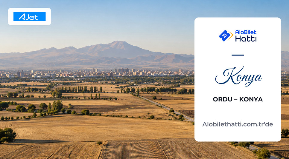 Konya ovasında geniş tarlaların ardında uzanan şehir ve uzak dağlar