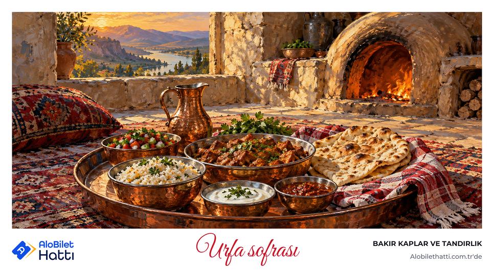 Yer sofrasında bakır kaplar, sini ve tandır yanında ekmek