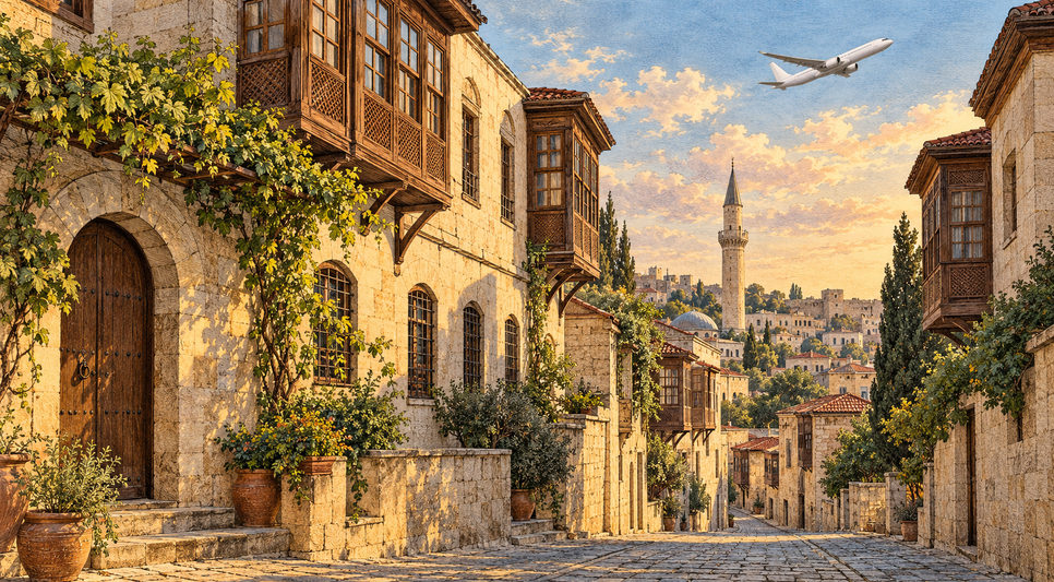 Gaziantep'in eski mahallelerinde açık renkli kesme taş evler ve dar sokak