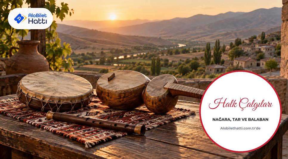 Ahşap masada yan yana duran el davulu, uzun saplı telli saz ve kamış nefesli