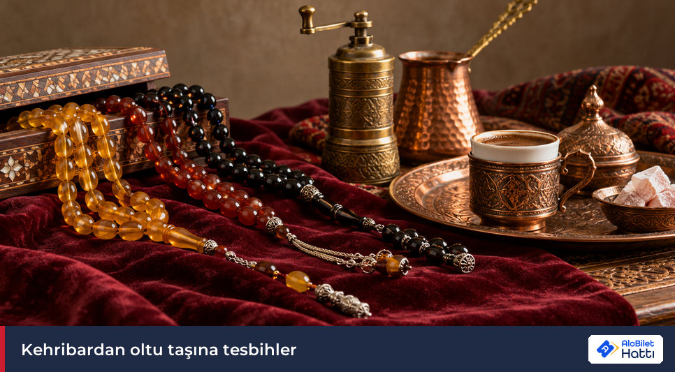 Kadife üzerinde kehribar, akik ve siyah taştan tesbihler ile pirinç kahve değirmeni