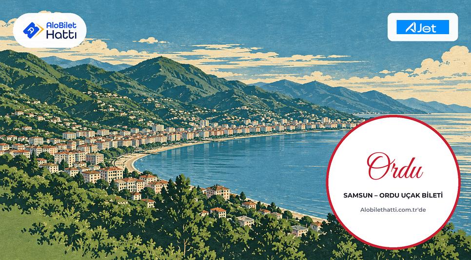 Ordu'nun yeşil tepelerle çevrili Karadeniz kıyısı ve sahil boyunca uzanan şehir