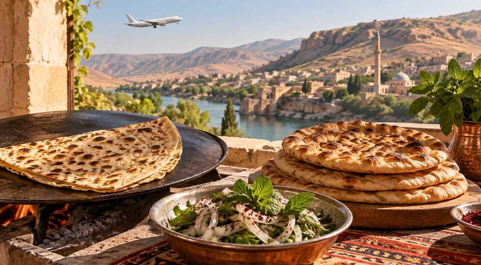Saç üzerinde pişmiş yassı ekmekler ve yanında taze yarpız salatası