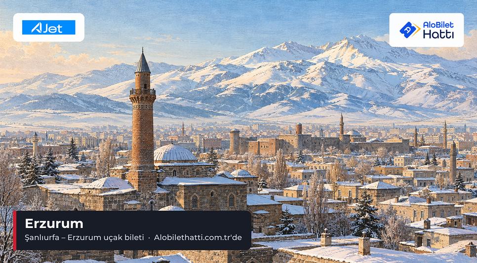 Erzurum şehir merkezinde tarihî taş yapılar ve arkada karlı Palandöken sırtları