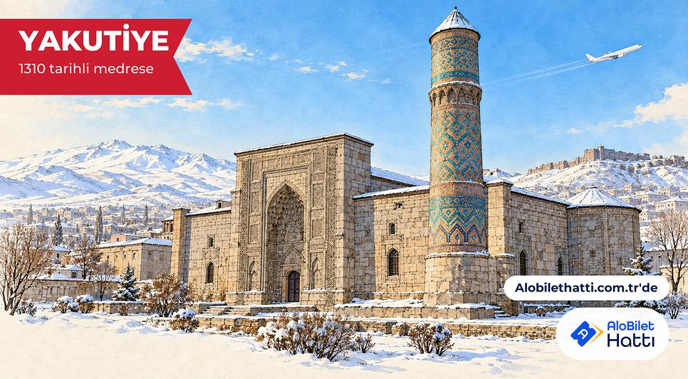 Yakutiye Medresesi'nin geometrik çini süslemeli kalın gövdeli minaresi