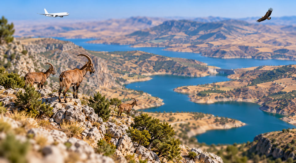 Kayalık dağ yamacında duran yaban dağ keçileri