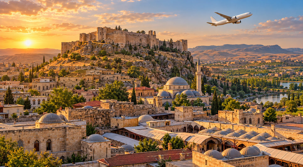 Gaziantep'in tepe üzerindeki eski kale çevresinde taş evler ve çarşı