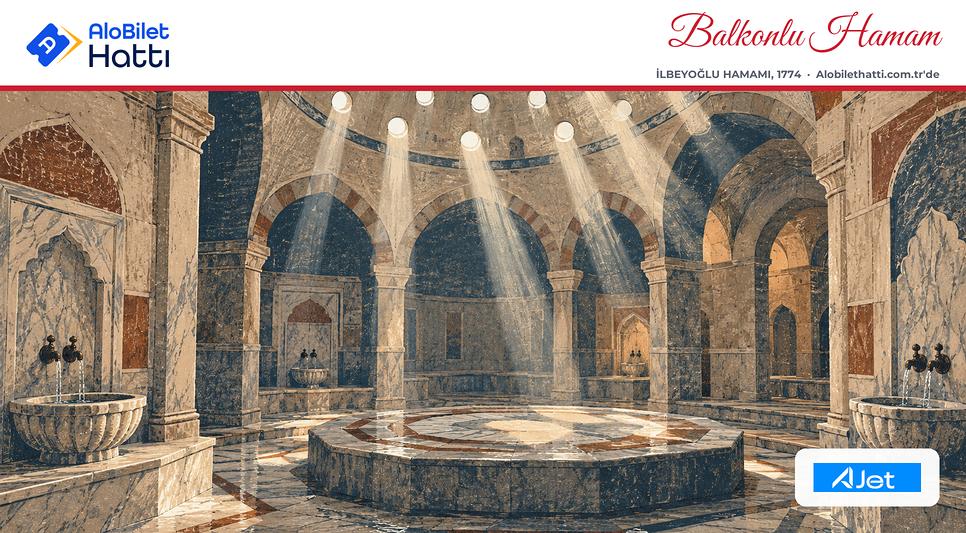 Tepe pencereli kubbe altında mermer kurnalı hamam içi