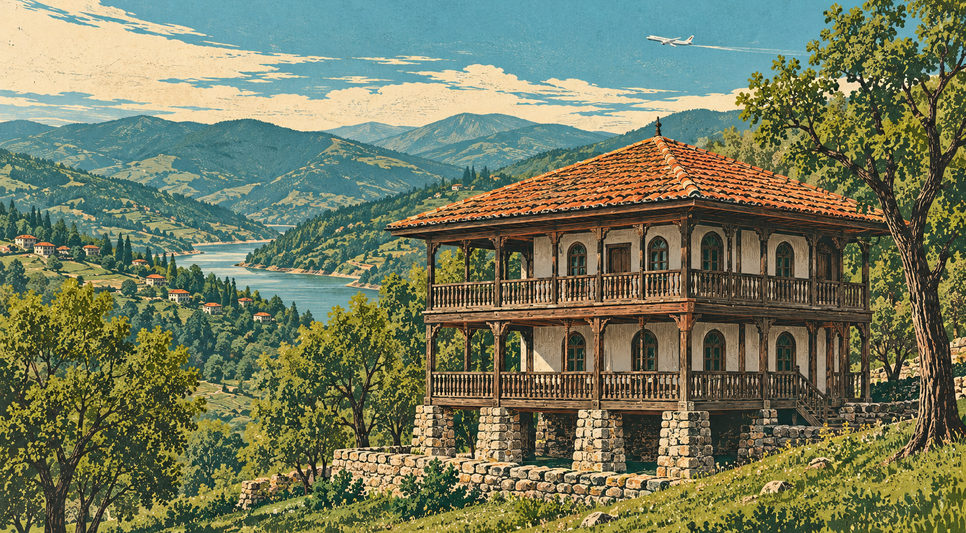 Taş ayaklar üzerinde yükselen, kiremit çatılı iki katlı ahşap köy camisi