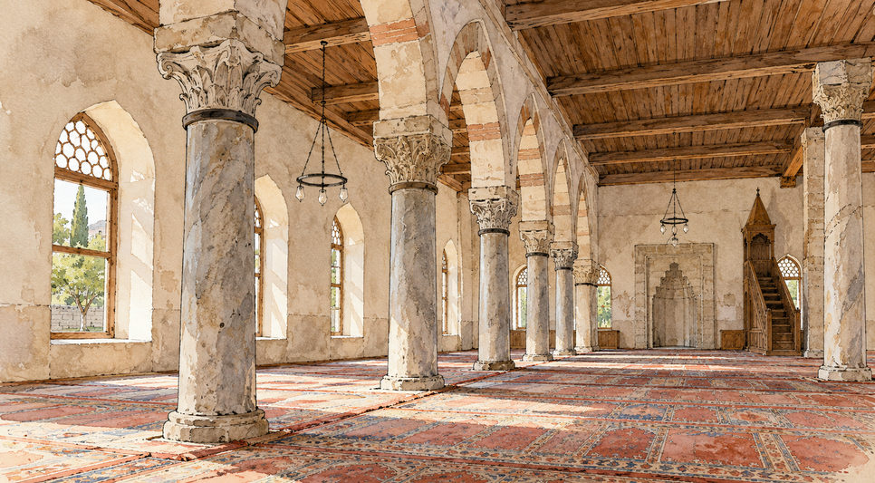Ahşap tavanlı cami harimini taşıyan farklı başlıklı mermer sütunlar