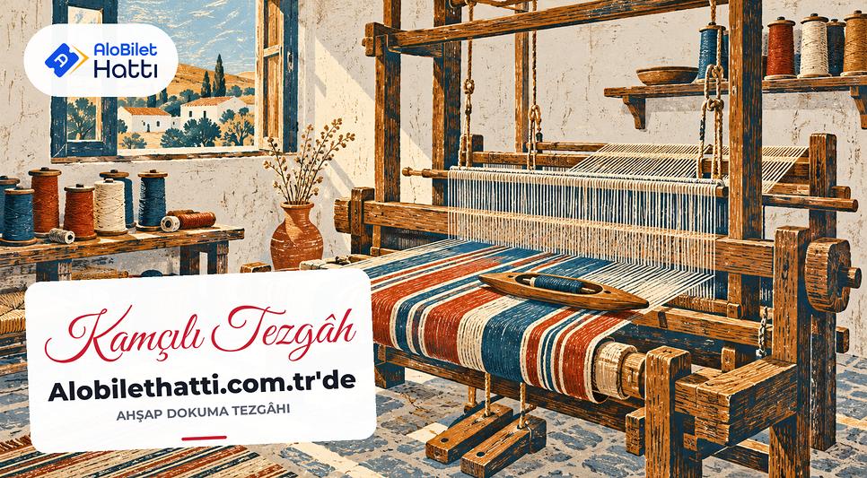Atölyede çözgü iplikleri gerilmiş eski ahşap dokuma tezgâhı